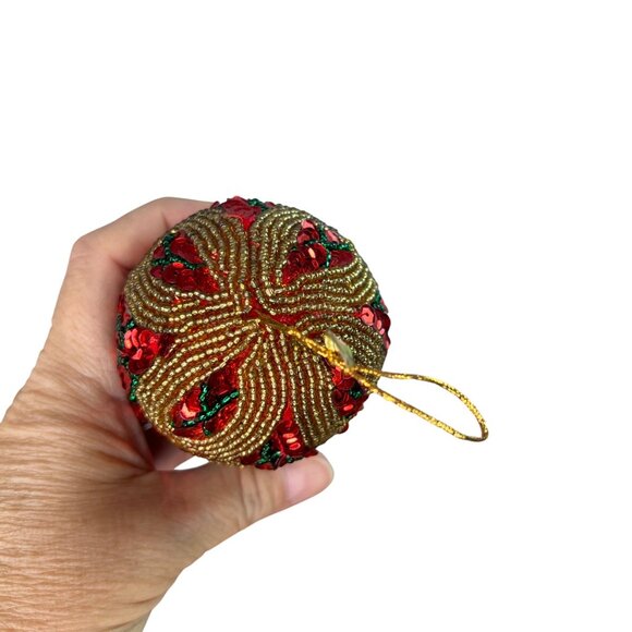 Vintage Handcrafted Red Sequin & Beaded Decorative Christmas Ornament Egg - Picture 4 of 6